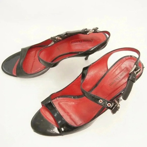 Cesare Paciotti Black Patent Leather Open Toe Kitten Heels - Picture 2 of 4